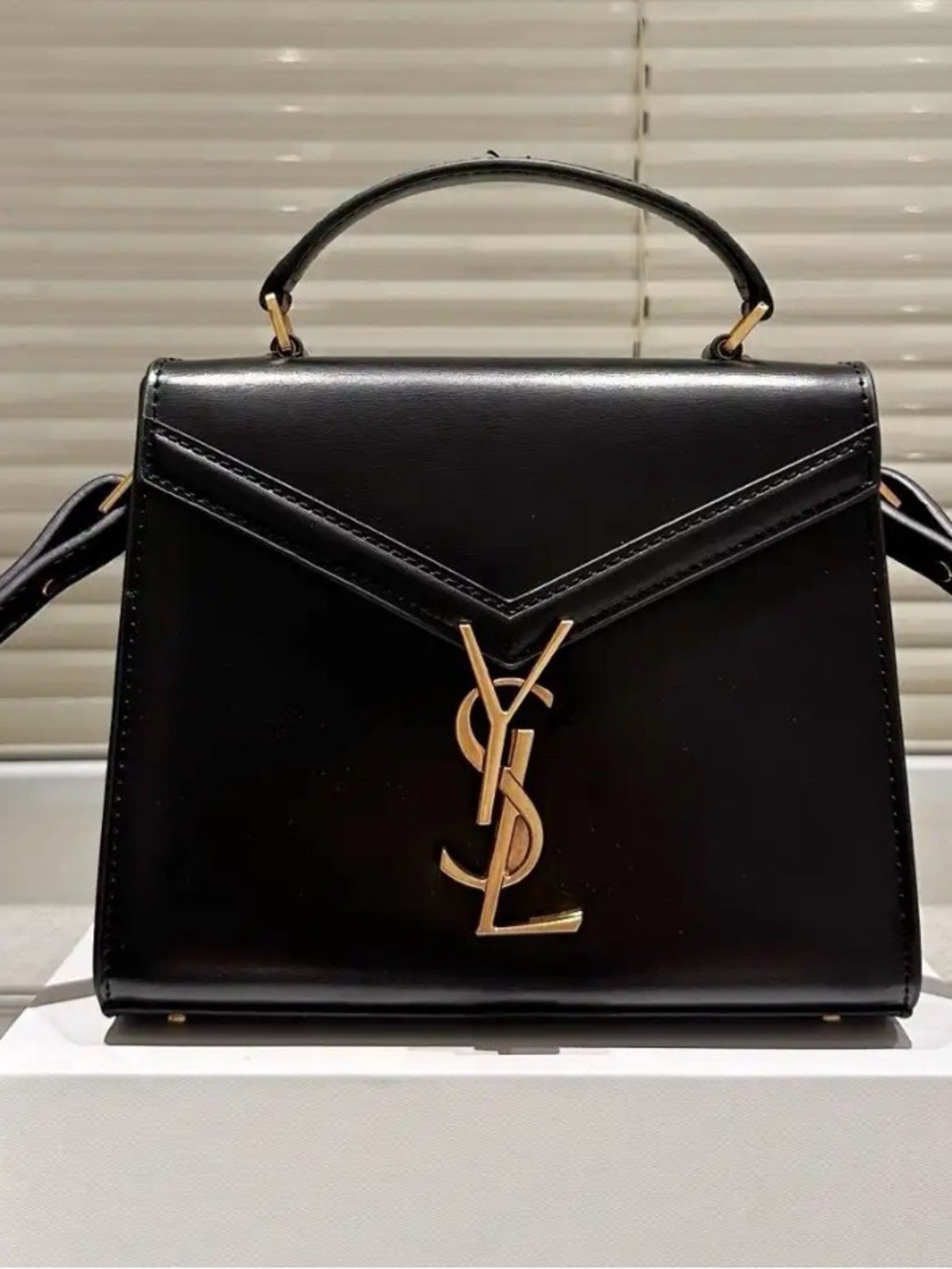 Saint Laurent Black Leather Satchel with Gold YSL Emblem